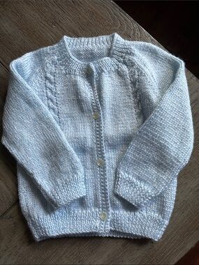Hand Knitted Pastel Blue Baby Cardigan Sweater 0-3M Cable Stitch